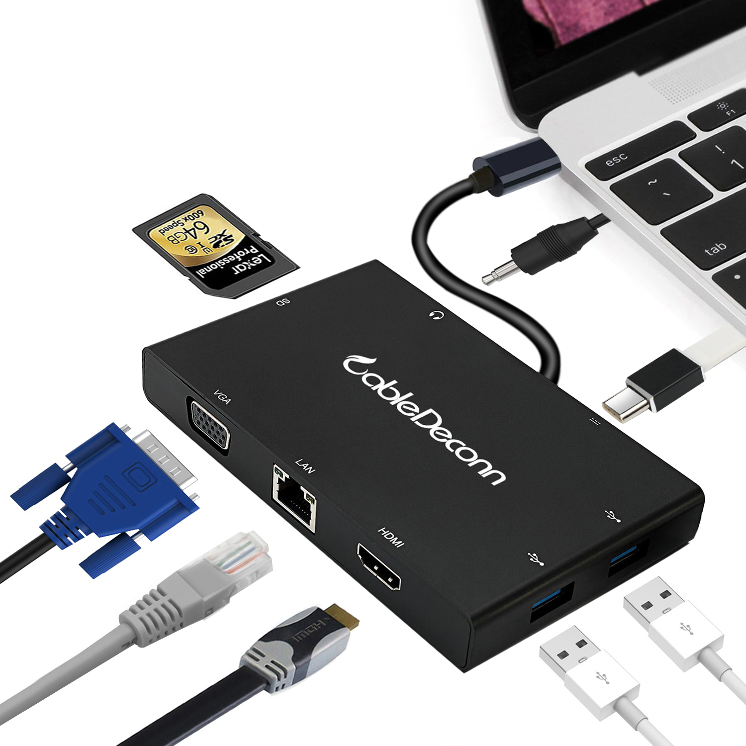 振德 CableDeconn Type-c扩展坞USB-C转VGA HDMI 千兆网卡 HUB多功能转换器